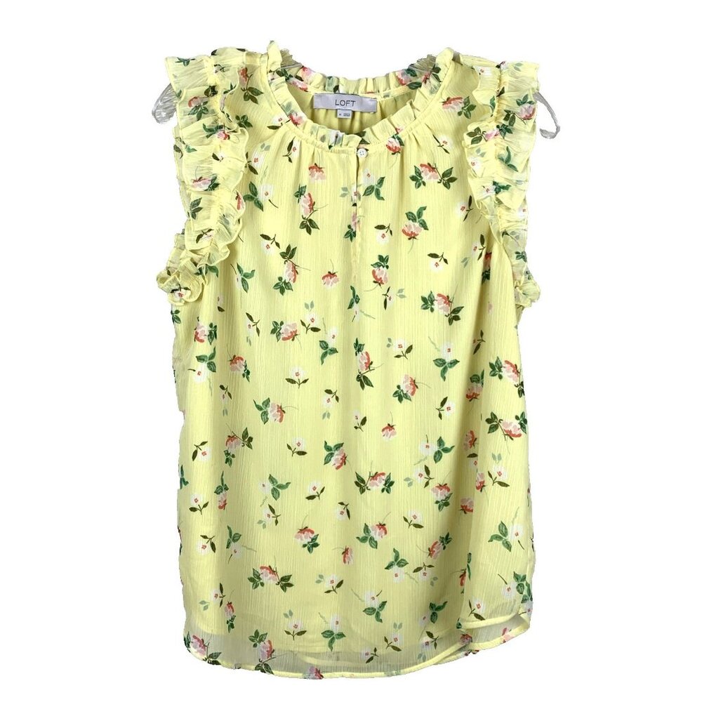 LOFT Womens M Sleeveless Blouse Top Floral Ruffle Lined Romantic Spring Yellow